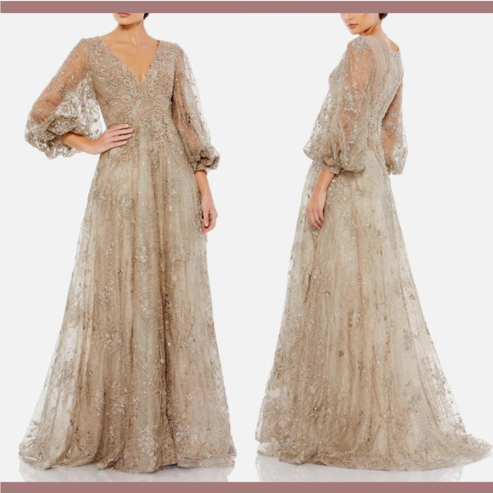 NWT $598 Mac Duggal [ 8 ] Embellished V-Neck Puff Sleeve A-Line Gown Mocha #Q524